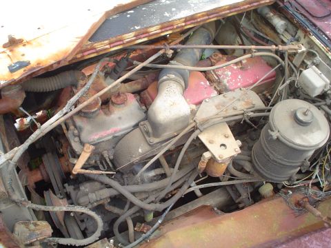 1981 Ford Bronco - The engine bay of a heavily rusted vehicle shows complex mechanical parts and wiring.