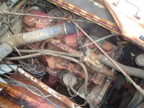 1981 Ford Bronco - A close-up view of a heavily rusted V8 engine bay, showing extensive corrosion and tangled wiring.