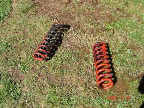 1993 Ford Bronco - Two coil springs, one red and one black, are shown resting on a grassy area.