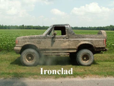 1988 Ford Bronco - This 1988 Ford Bronco is covered in mud, suggesting it has been used for off-roading.
