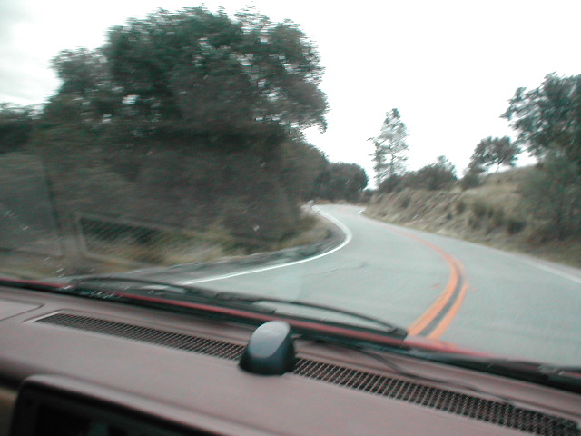 dashboard view of a winding road with trees and overcast sky. Supermotors.net logo visible