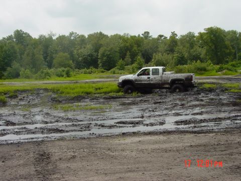 1995 Dodge 1500 - A white pickup truck is stuck in a muddy area with trees in the distance.