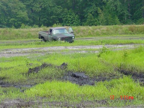 1995 Dodge 1500 - A green pickup truck is stuck in a muddy field with the driver's door open.
