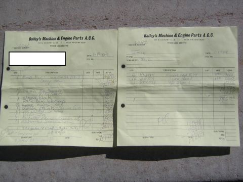 1969 Ford Ranchero - Invoices from Bailey's Machine & Engine Parts A.C.C. list various engine components and their costs.