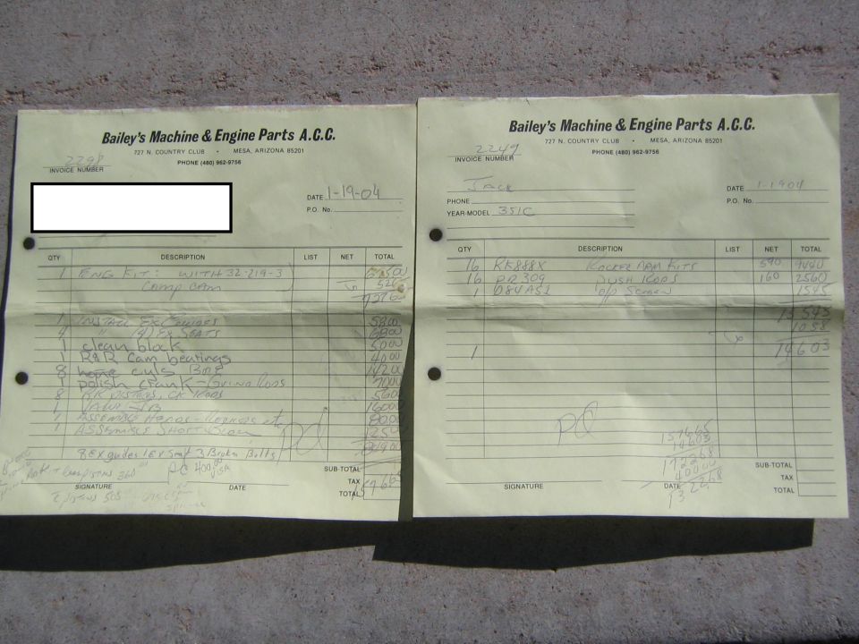 Two handwritten 2004 engine machine shop invoices for a Ford 351C