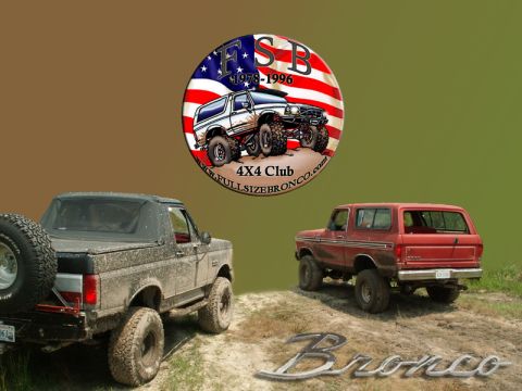 1988 Ford Bronco - A red Ford Bronco and a dark gray Bronco are shown on a dirt path, with a club logo in the background.