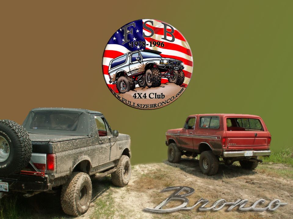 Two lifted Ford Bronco SUVs in mud with Full Size Bronco 4x4 Club logo overlay