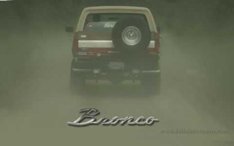 1988 Ford Bronco - Rear view of a red and tan Ford Bronco kicking up dust on a trail, with a chrome Bronco script graphic overlaid.