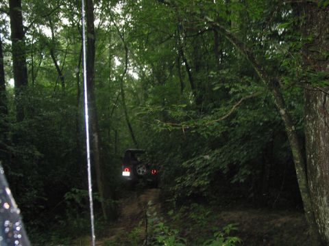 2000 Jeep Grand Cherokee - An SUV navigates a wooded trail, its taillights visible through the trees.