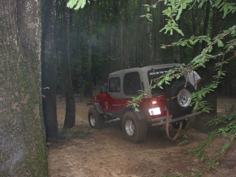 2000 Jeep Grand Cherokee - A red and grey Jeep Wrangler is seen from the rear in a wooded area, with a spare tire mounted on the back.