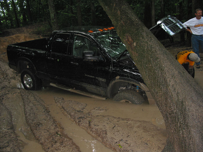 Black pickup truck stuck in mud with a tree leaning over it. Two people are nearby
