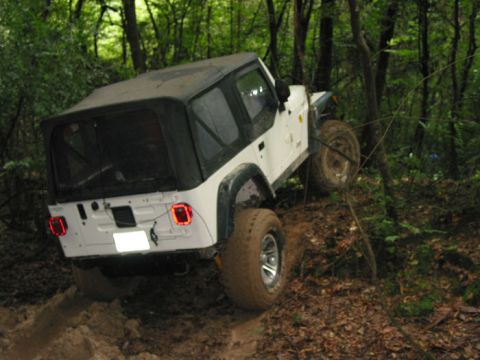 2000 Jeep Grand Cherokee - A white Jeep Wrangler navigates a muddy off-road trail surrounded by dense forest.