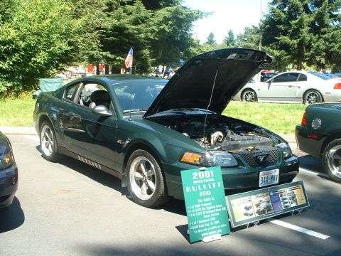 1999 Ford Crown Victoria - A 2001 Ford Mustang Bullitt is displayed with its hood open at an outdoor car show.