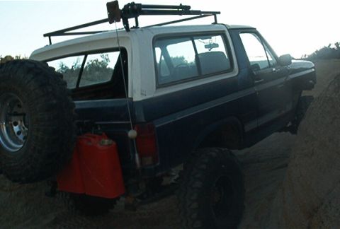 1986 Ford Bronco - This modified Ford Bronco is equipped for off-road adventures with a spare tire and extra fuel.