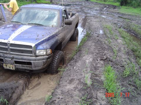 1995 Dodge 1500 - Blue 1995 Dodge 1500 pickup truck is stuck in the mud on a wet dirt road.