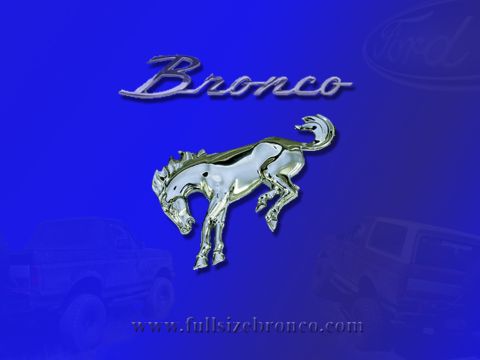 1988 Ford Bronco - A chrome Ford Bronco emblem is centered on a blue background, flanked by silhouetted Ford Broncos and website text.