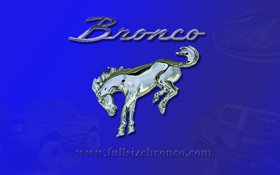 Ford Bronco emblem on blue background with silhouetted trucks and website URLs