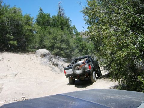 1985 Ford Bronco - A black SUV navigates a dirt trail with trees and rocks surrounding it.