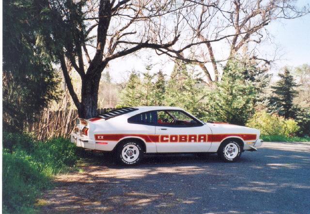 1978 Ford Mustang II Cobra parked roadside with red stripe and lettering