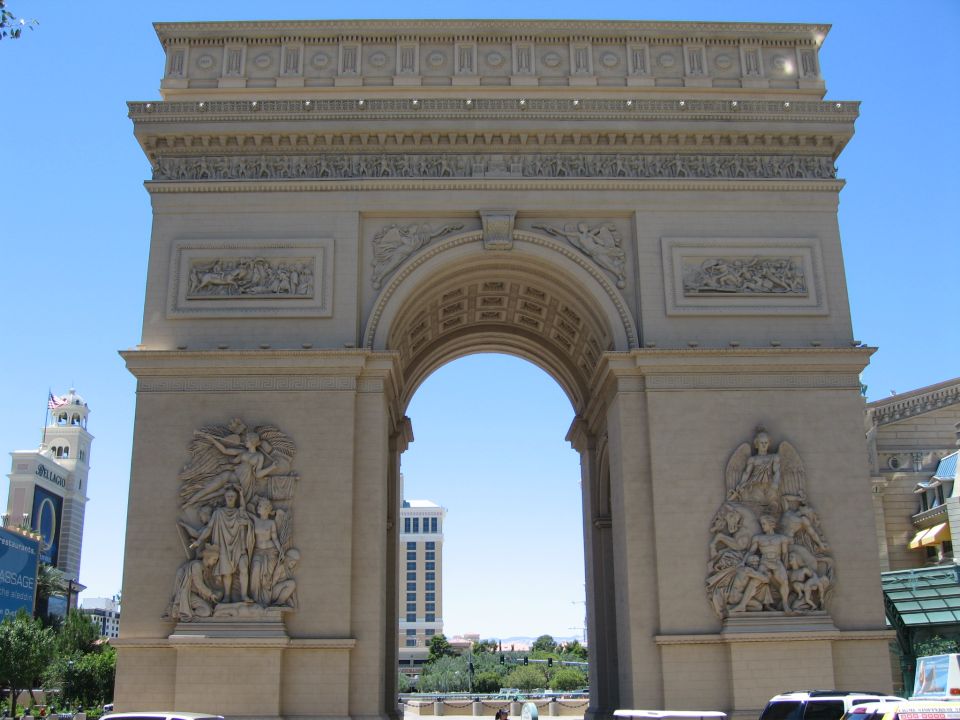 Paris Las Vegas Arc de Triomphe with tower and buildings in background
