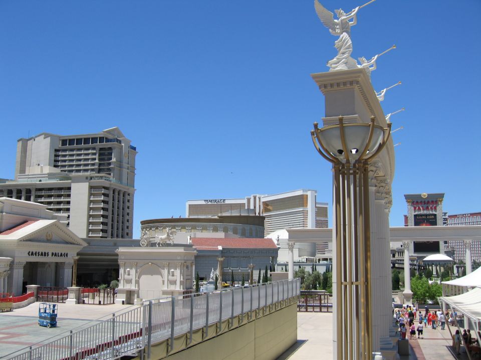 View of Caesars Palace and The Mirage hotels on a sunny day