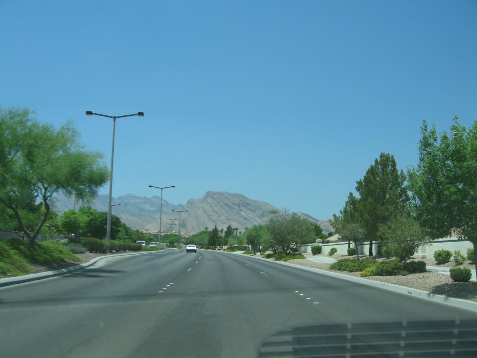 Roadway leading towards mountains under a clear blue sky, with trees and streetlights lining the sides