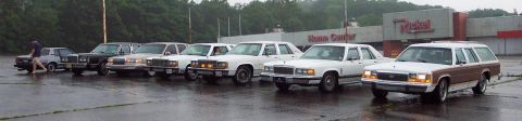 1985 Ford LTD Crown Victoria - Several Ford Crown Victorias and a Country Squire wagon are lined up in a parking lot on a rainy day.