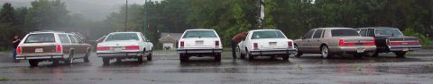 1985 Ford LTD Crown Victoria - Several sedans and a station wagon are parked in a lot on a rainy day.