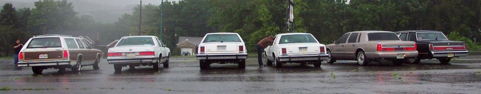 Station wagon and sedans parked in a lot, rear view. Wood paneling on wagon