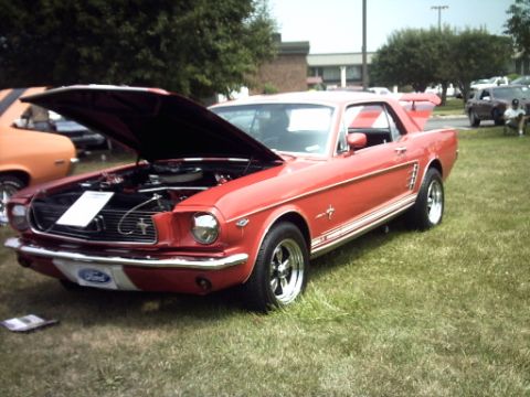 1995 Ford Probe - A red 1965 Ford Mustang is displayed with its hood open, revealing the engine and a prominent Ford badge on the grille.