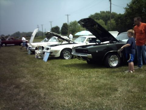 1995 Ford Probe - A car show features multiple classic vehicles with their hoods open on a grassy field.
