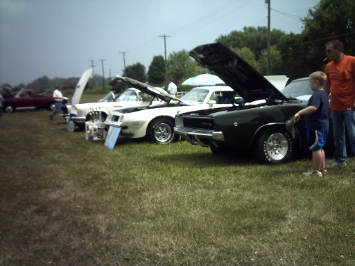 Several classic cars parked on grass with hoods open, a man and boy stand by a black car