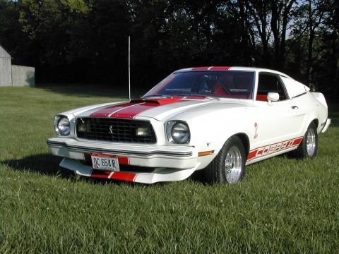 1978 Ford Mustang II - A white 1976 Ford Mustang II Cobra with red racing stripes is parked on a grassy lawn.