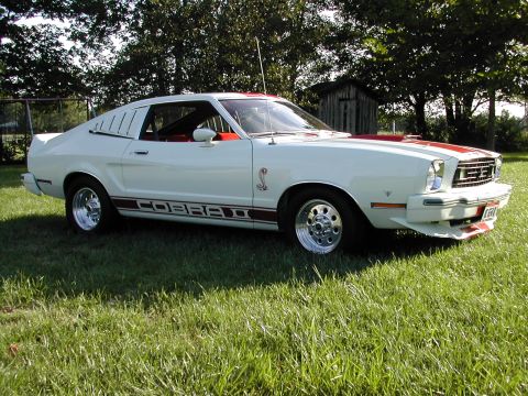 1978 Ford Mustang II - A white 1978 Ford Mustang II Cobra II with red racing stripes and side decals is parked on a grassy lawn.