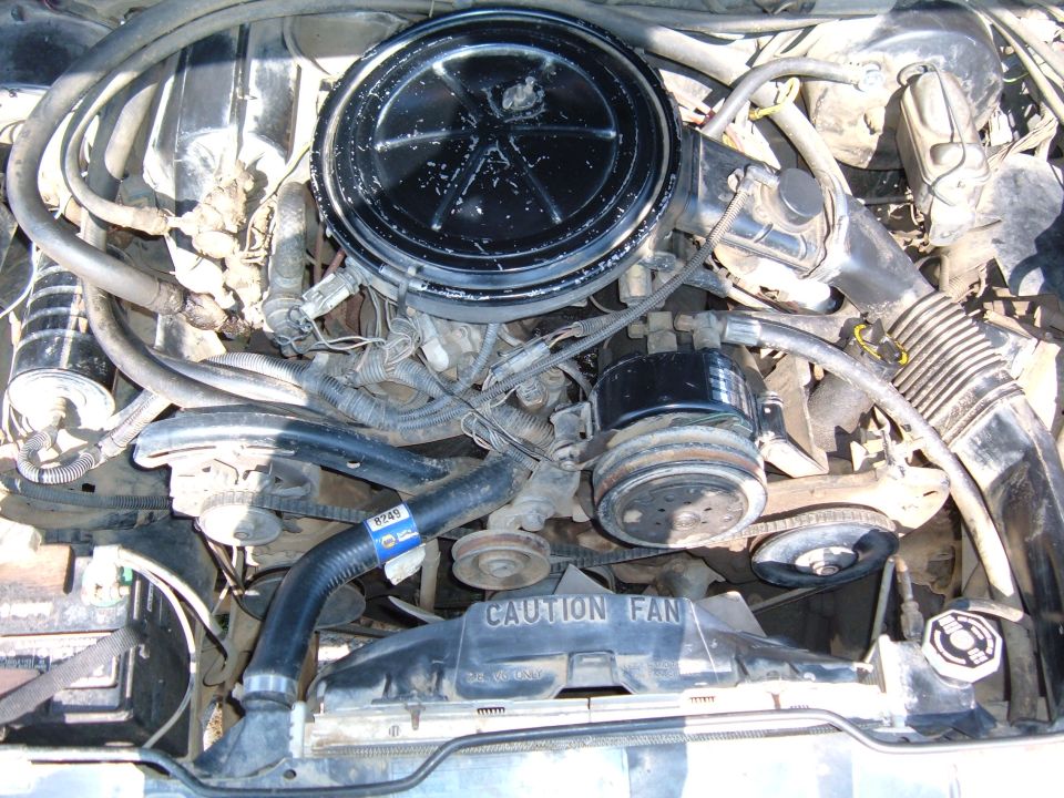 Engine bay with air cleaner, belts, and radiator visible. Text 'CAUTION FAN' on shroud