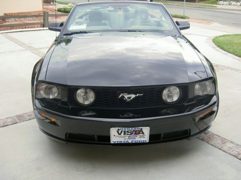 2005 Ford Mustang - A black 2005 Ford Mustang convertible is parked in a driveway, showing its front grille and headlights.