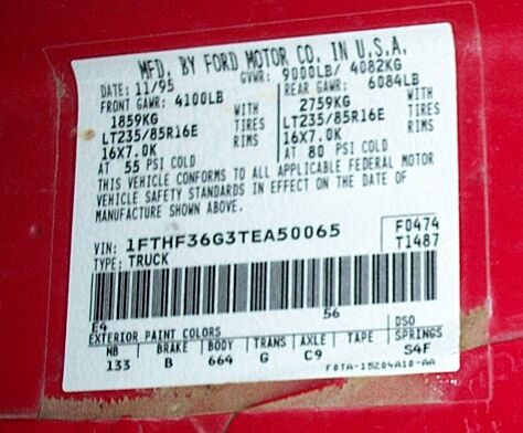 1990 Ford Bronco - This vehicle identification label shows the manufacturing date as November 1995 and lists the vehicle type as truck.