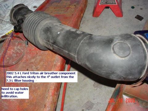 1978 Ford Bronco - A close-up of a 2002 Ford Triton air breather component, with notes on its attachment and water infiltration prevention.