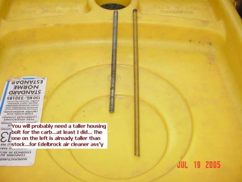 1978 Ford Bronco - Two bolts are shown on a yellow surface, with a text overlay discussing carburetor housing bolts and an Edelbrock air cleaner, dated July 1…