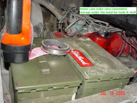 1978 Ford Bronco - Ammo cans are used for convenient storage of tools and other items under the hood of this vehicle.