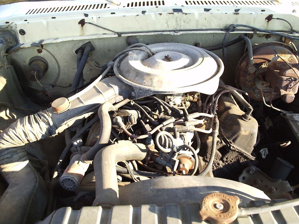 Engine bay of a 1979 Ford F-150, showing the V8 engine and air cleaner