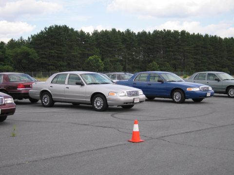 1991 Ford LTD Crown Victoria - A line of Ford Crown Victoria sedans are parked on asphalt with a wooded area behind them.