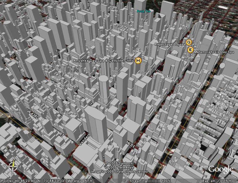 Google Earth 3D screenshot of midtown Manhattan buildings with spa map pins