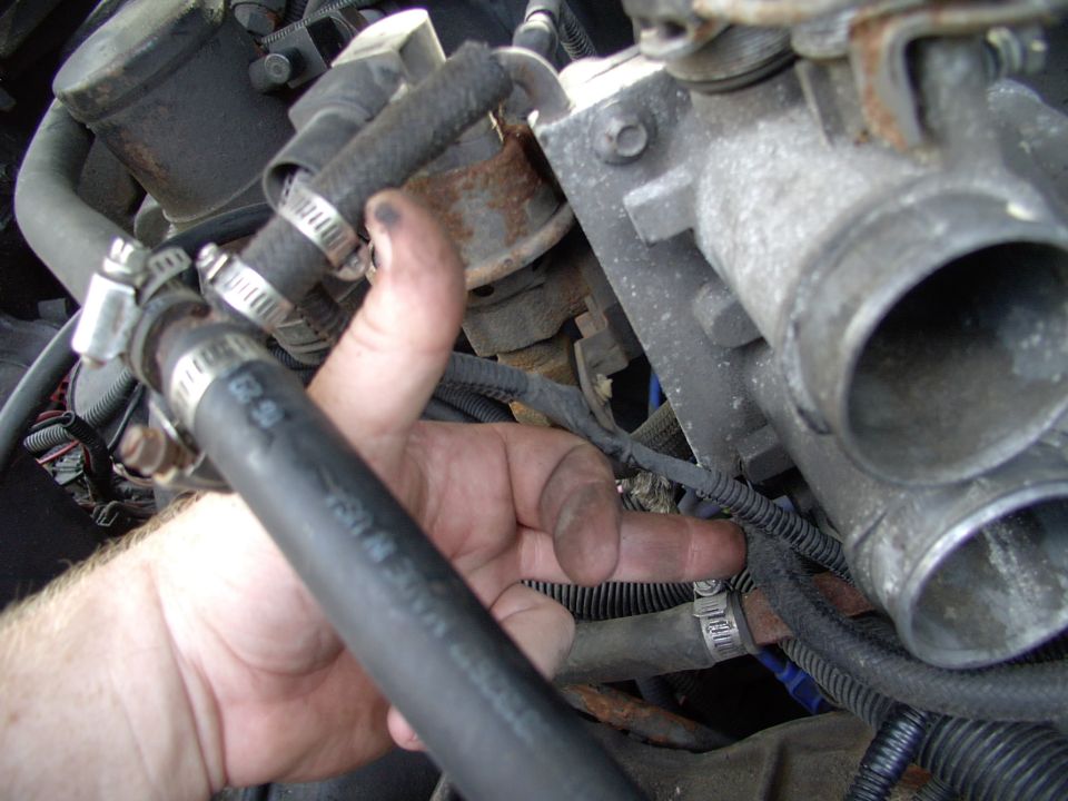 Next off came the two 3/8" heater pipe hoses and their clamps. You can see one of the 4 10mm bolts that hold on the throttle body in the pic too.