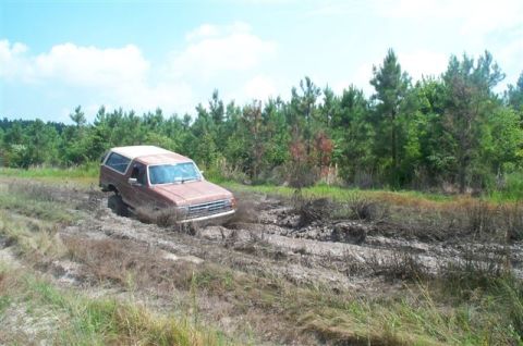 1988 Ford Bronco - This SUV appears to be stuck in a muddy ditch, with trees in the background.