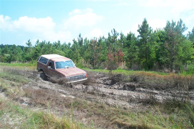 Red SUV stuck in mud, front grille visible