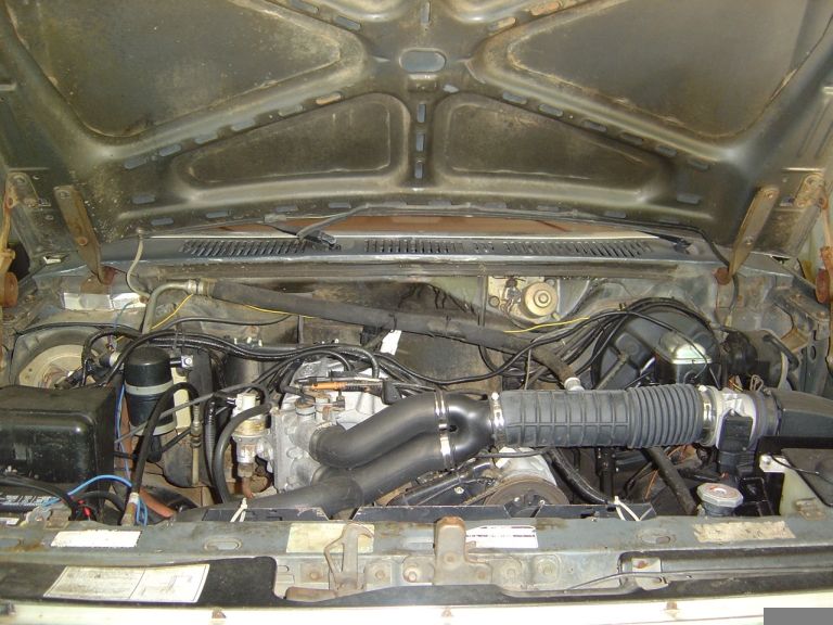 Engine bay with black intake tube, throttle body and wiring under a raised hood