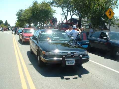 1999 Ford Crown Victoria - Black Ford Crown Victoria police car with push bumper and license plate 1087 in a parade.
