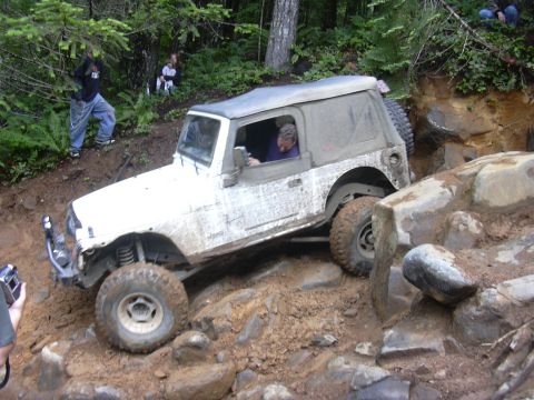 1991 Ford Bronco - Jeep Wrangler TJ tackling a challenging off-road course in a wooded area.