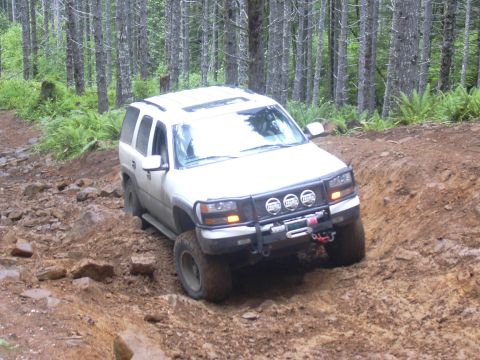 1991 Ford Bronco - This white SUV is equipped for off-road adventures, tackling a challenging dirt path through a wooded area.